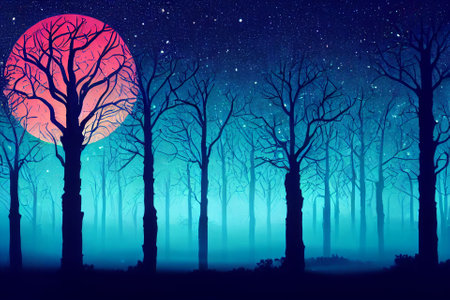 Illustration fantasy of neon forest. Glowing colorful look like fairytale.の写真素材