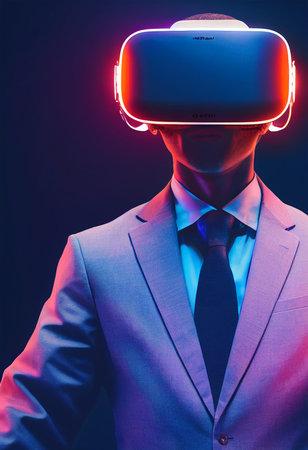 Illustration of Silhouette wearing Virtual reality device(VR) working and playing in digital world.の写真素材