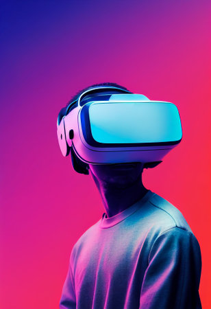 Illustration of Silhouette wearing Virtual reality device(VR) working and playing in digital world.の写真素材