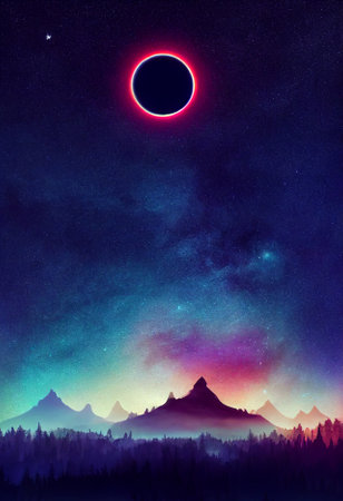 Illustration fantasy of neon forest. Glowing colorful look like fairytale.の写真素材