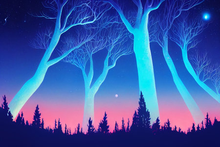 Illustration fantasy of neon forest. Glowing colorful look like fairytale.の写真素材