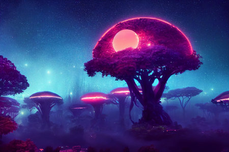 Illustration fantasy of neon forest. Glowing colorful look like fairytale.の写真素材