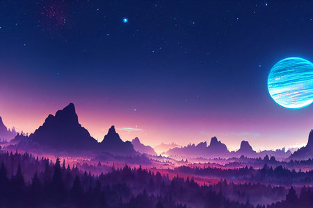 Illustration fantasy of neon forest. Glowing colorful look like fairytale.