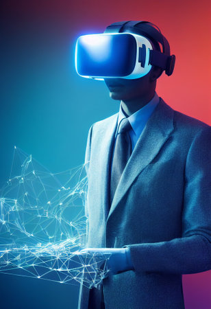 Illustration of Silhouette wearing Virtual reality device(VR) working and playing in digital world. 3D illustration.の写真素材