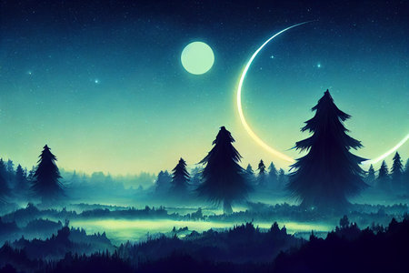 Illustration fantasy of neon forest. Glowing colorful look like fairytale.