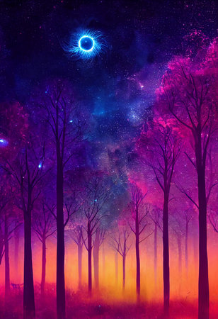 Illustration fantasy of neon forest. Glowing colorful look like fairytale.