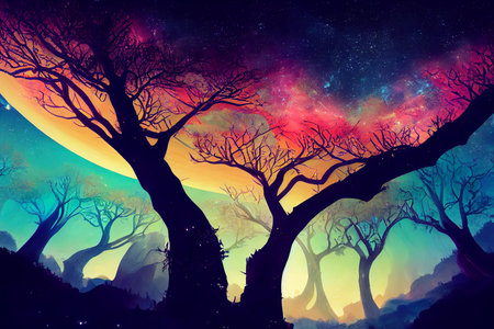 Illustration fantasy of neon forest. Glowing colorful look like fairytale.