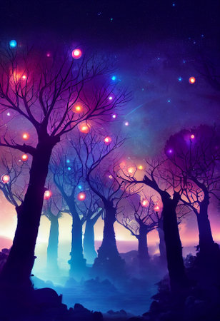 Illustration fantasy of neon forest. Glowing colorful look like fairytale.の写真素材