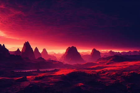 Amazing landscapes view of mountain with gold hour on sunrise morning. 2D Illustration.