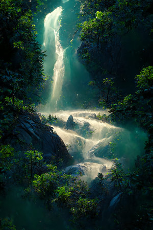 Beautiful waterfall in deep forest like a paradise. 2D Illustration.
