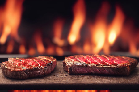 Grilled beef steak medium rare on fire. Selective Focus. 3D Illustration.の写真素材