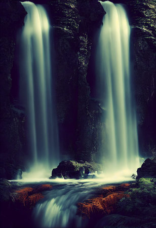 Beautiful waterfall in deep forest like a paradise. 2D Illustration.
