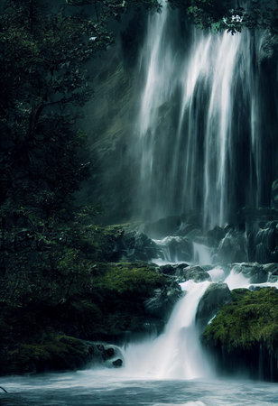 Beautiful waterfall in deep forest like a paradise. 2D Illustration.
