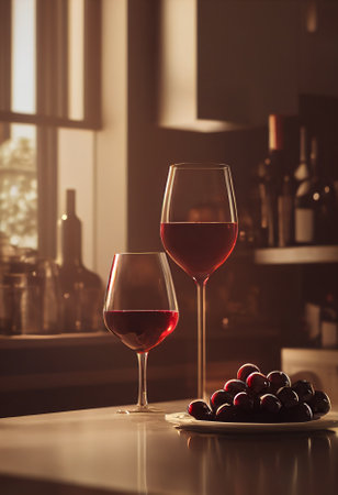 Glasses and bottles with wine on the table. Wine drinking concept (Selective Focus). 3D Illustration.の写真素材