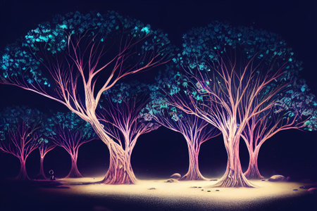Fantasy of neon forest. Glowing colorful look like fairytale. 2D Illustration.の写真素材