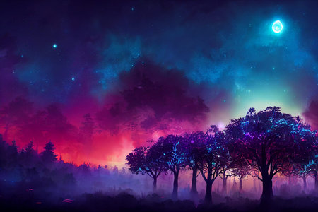 Fantasy of neon forest. Glowing colorful look like fairytale. 2D Illustration.