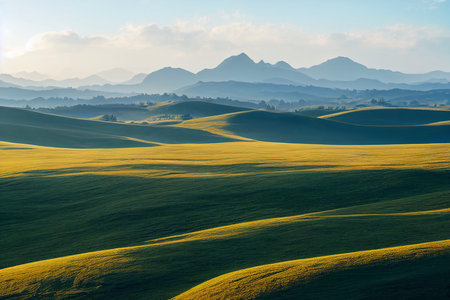 Background of green grass field on hills and blue sky. 2D Illustration.