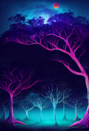 Illustration fantasy of neon forest. Glowing colorful look like fairytale.の写真素材