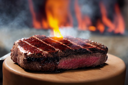 Grilled beef steak medium rare on fire (Selective Focus). 3D Illustration.の写真素材