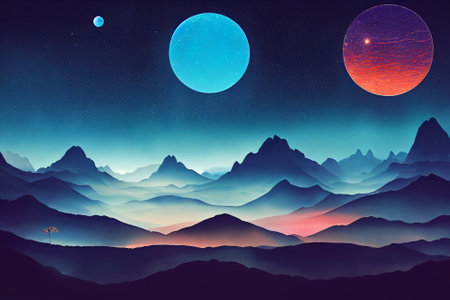 Fantasy of neon forest. Glowing colorful look like fairytale. 2D Illustration.の写真素材