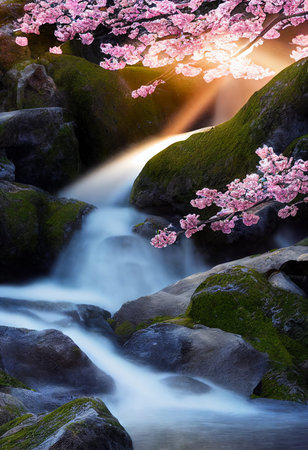 Waterfall with blossom cherry like sakura flower in the forest. 2D Illustration.
