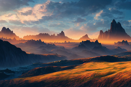 Amazing landscapes view of mountain with gold hour on sunrise morning. 2D Illustration.の写真素材