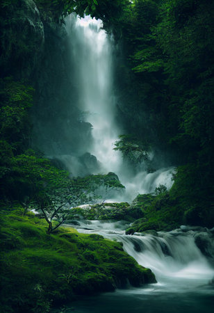 Beautiful waterfall in deep forest like a paradise. 2D Illustration.