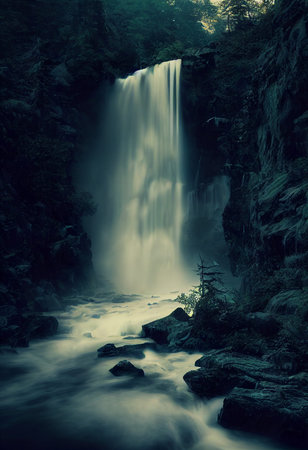 Beautiful waterfall in deep forest like a paradise. 2D Illustration.