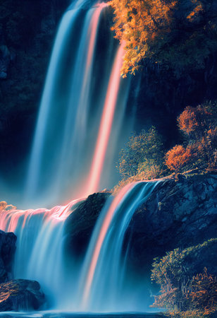 Beautiful waterfall in deep forest like a paradise. 2D Illustration.