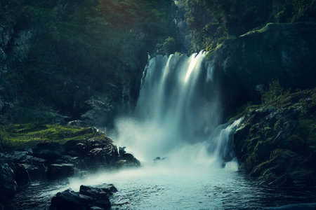 Beautiful waterfall in deep forest like a paradise. 2D Illustration.の写真素材