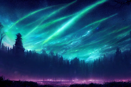 Illustration fantasy of neon forest. Glowing colorful look like fairytale.の写真素材