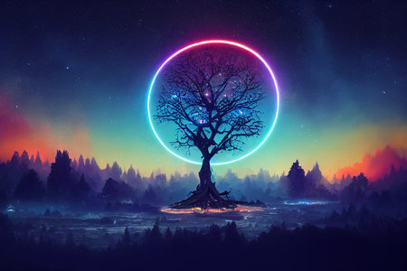 Fantasy of neon forest. Glowing colorful look like fairytale. 2D Illustration.