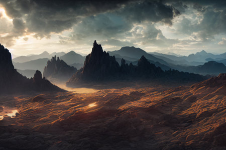 Amazing landscapes view of mountain with gold hour on sunrise morning. 2D Illustration.の写真素材