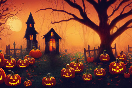 Halloween pumpkins in graveyard on the spooky Night. Halloween background concept.の写真素材