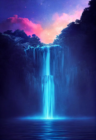 Fantasy of neon waterfall in deep forest. Glowing colorful look like fairytale. 2D Illustration.の写真素材