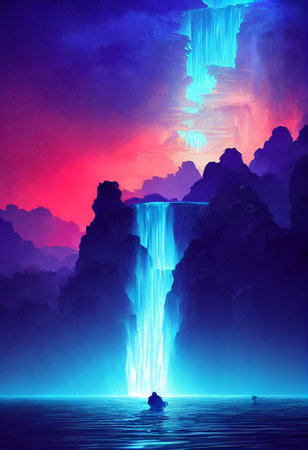 Fantasy of neon waterfall in deep forest. Glowing colorful look like fairytale. 2D Illustration.