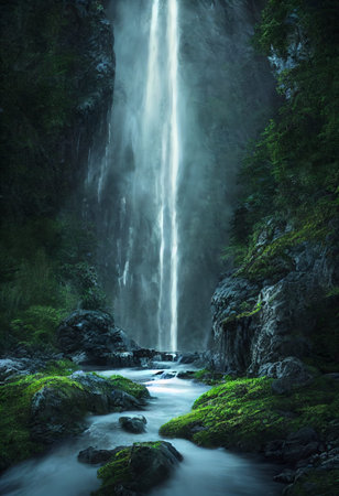 Beautiful waterfall in deep forest like a paradise. 2D Illustration.
