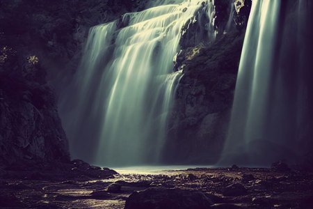 Beautiful waterfall in deep forest like a paradise. 2D Illustration.