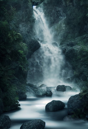 Beautiful waterfall in deep forest like a paradise. 2D Illustration.