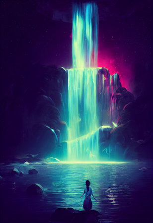 Fantasy of neon waterfall in deep forest. Glowing colorful look like fairytale. 2D Illustration.の写真素材