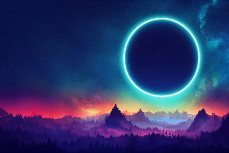 2D Illustration fantasy of neon forest on beautiful sky. Glowing colorful look like fairytale.の写真素材