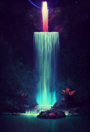 Fantasy of neon waterfall in deep forest. Glowing colorful look like fairytale. 2D Illustration.の写真素材