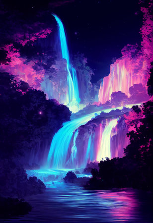 Fantasy of neon waterfall in deep forest. Glowing colorful look like fairytale. 2D Illustration.の写真素材