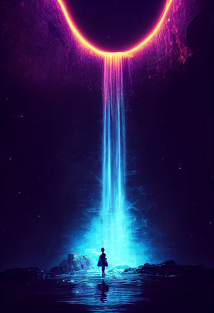 Fantasy of neon waterfall in deep forest. Glowing colorful look like fairytale. 2D Illustration.