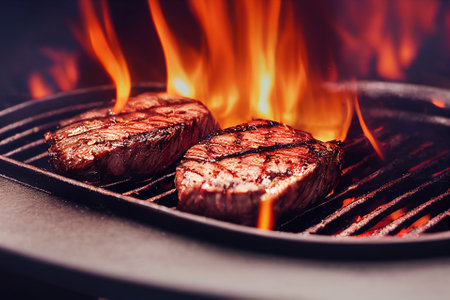 Grilled beef steak medium rare on fire (Selective Focus). 3D Illustration.の写真素材