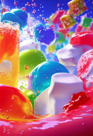 Sweet jelly candies, lollypops, and marshmello. Dessert party concept. 2D Illustration.の写真素材