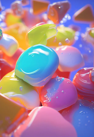 Sweet jelly candies, lollypops, and marshmello. Dessert party concept. 2D Illustration.の写真素材