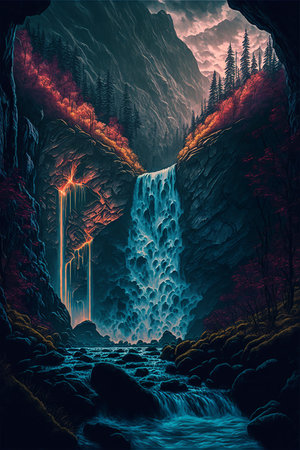 Beautiful wild nature landscape with waterfall and river from high mountains. Created with...