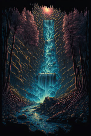 Beautiful wild nature landscape with waterfall and river from high mountains. Created with Generative AI technology.の写真素材