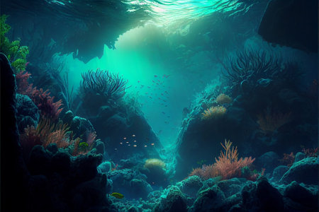 Underwater world scene. Coral reef and sun ray shining through clean ocean water. (Created with Generative AI technology)の写真素材
